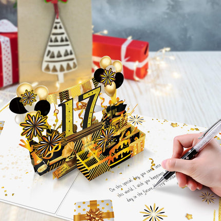 Joycard 17th Birthday Card for Girl Boy, 3D Pop Up Happy Birthday Gift for Daughter Son, Funny 17 Year Old Birthday Decorations for Grandson Granddaughter, Back in 2009 Laser Gold Retro Theme