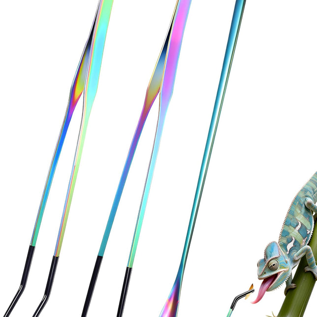Stainless Steel Reptile Feeding Tongs & Spoon Set - 10.6" Straight & Curved Tweezers for Aquariums & Crafts - Feeder