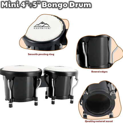EASTROCK Bongo Drum 4” and 5” Bongos Set for Adults Beginners Professionals Tunable Wood Hand Drum Percussion Instruments With Tuning Wrench (Black)