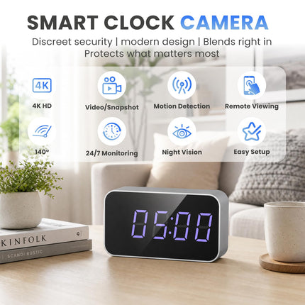 Hidden Camera Clock 4K UHD Clock Camera with Motion Alerts & Remote Access