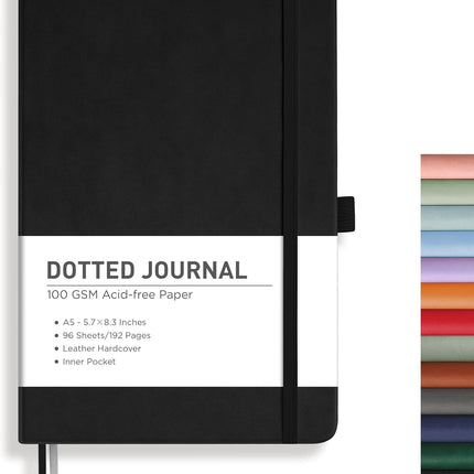 RETTACY Dotted Journal Notebook, 192 Pages, A5 Medium Size (5.7'' x 8.3''), Leather Hardcover, 100 GSM Thick Paper, for Journaling, Planning, Tracking (Black)