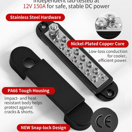Bus Bar 12V 150A Power Distribution Block, 1/4 in Stud Terminal Buss Bar, Premium Power Junction Block for Solar Battery Wiring, Marine, Boat & Automotive