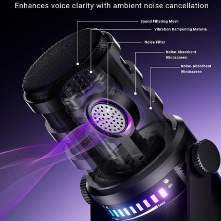Gaming Microphone for PC, USB Computer Mic with Mute Button, LED Status Light, Gain Control and Headphone Jack, Plug-and-Play for Streaming, Discord, Twitch, YouTube, Podcast, Mac/Windows/PS5