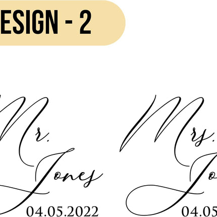 GIFTBYGIFTY Personalized Wedding Champagne Flutes for Bride and Groom- Set of 2, 7 oz, 2 Designs - Mr and Mrs Champagne Glasses for Engagement with Your Surname and Date - D2