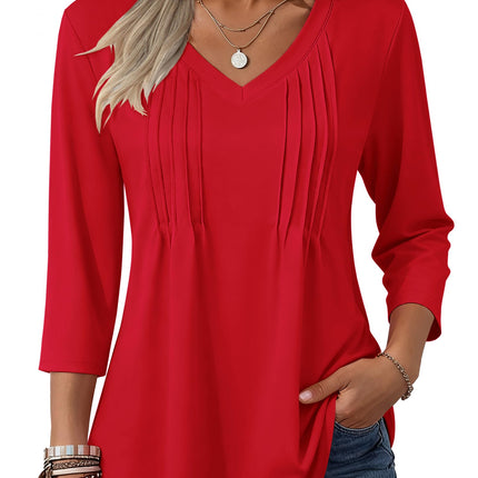 3/4 Length Sleeve Womens Tops V Neck Pleated Boho Floral Blouses