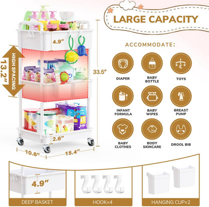 3-Tier White Rolling Diaper Cart with Lockable Wheels - photo 4