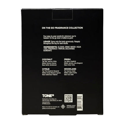 TONE 4 Piece On-The-Go Cologne Sample Pack, Multi-Layered, Light Body Mist Cologne for Men, Travel Size, 4 Premium Scents - Fresh, Citrus, Coconut, Woodland (0.3 Fl Oz Each)