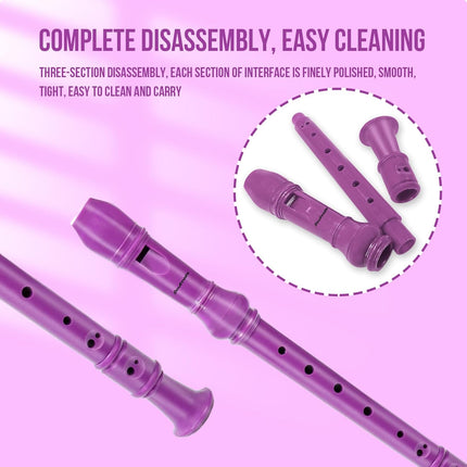 Soulmate Recorder Instrument for Kids Toddler Beginners Students German Style C Key Soprano Recorder Instrument 8 Holes 3 Piece ABS Descant Recorders with Cleaning Kit, Packing Bag (Purple)