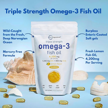 Micro Ingredients Triple Strength Omega-3 Fish Oil 4200mg — EPA 1200mg DHA 900mg, 240 Softgels
