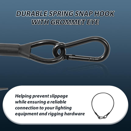 2-Pack Safety Security Cables for DJ Stage Lighting, 2ft Stainless Steel Cable with 1/8" Diameter, Black Ropes with Loops and Carabiner for Safe Attachment