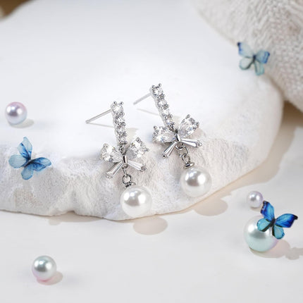 SmileBelle Pearl Earrings For Women, Ear Climbers Earrings For Women Silver Bow Drop Jewelry, Freshwater Pearl Bridal Jewelry As Summer Tassel Accessories for Wedding Gifts