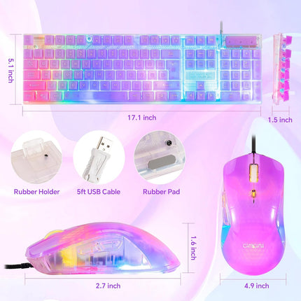 CHONCHOW RGB Gaming Keyboard and Mouse Combo,USB Wired Custom Clear Keyboards, Rainbow LED Backlight Transparent Keyboard Mouse Set for Computer Windows PC PS4 Xbox Laptop
