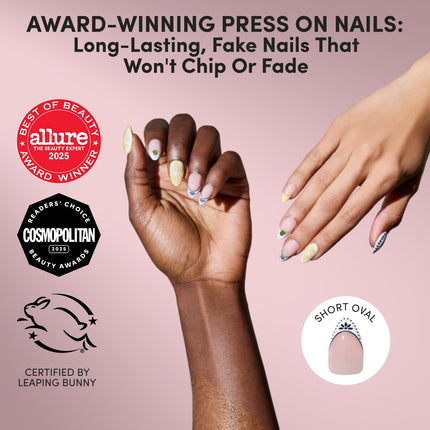 Glamnetic Press On Nails - Aperitivo Hour | Short Almond Fake Nails in Bright Orange with Olives, Lemons & Ceramic Designs, Salon Quality, Summer Nails | 15 Sizes - 30 Nail Kit with Glue