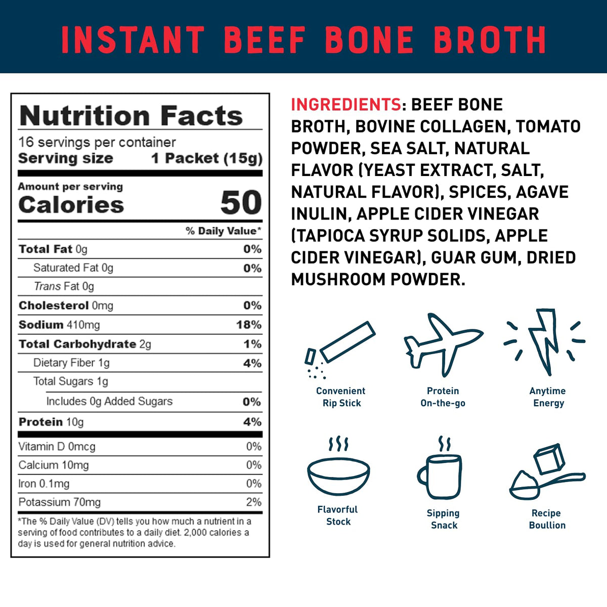 Beef Bone Broth Instant Powdered Mix Packets | 5g Collagen | 10g Protein | Keto & Paleo Friendly | No - photo 2