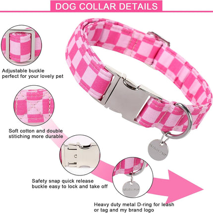 Dog Collar for Summer,Cute Pink Plaid Dog Collar,Cotton Puppy Collar with Adjustable Metal Buckle for Small,Medium,Large Girl Boy Dog
