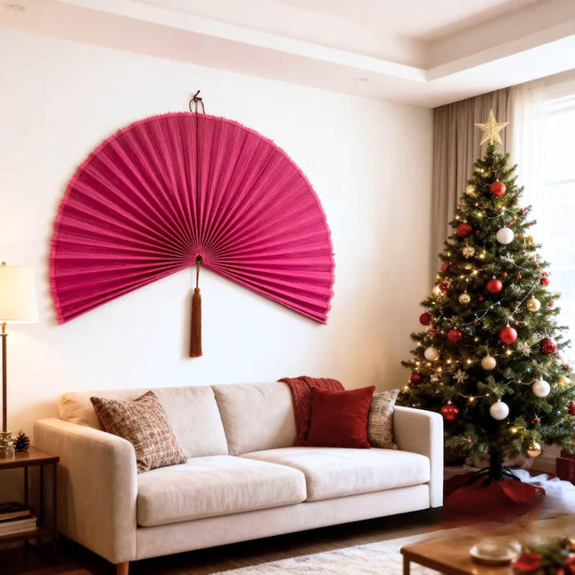 Large Bamboo Japanese-Style Folding Fan Wall Decor, 31 Inch
