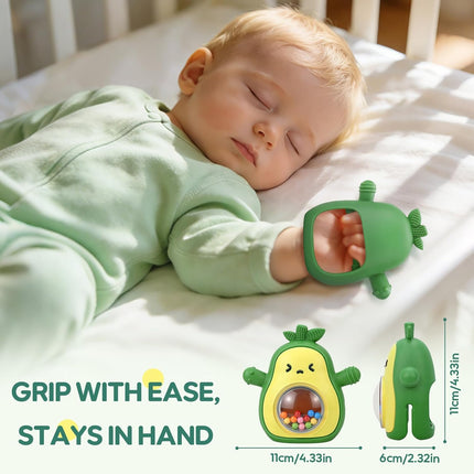 Avocado Baby Teething Toy with Rattle, BPA-Free Silicone Teething Mitten for Babies 3-6 6-12 Months, Anti-Drop Wrist Glove Teether for Teething Relief, Perfect Baby Gifts & Baby Toys