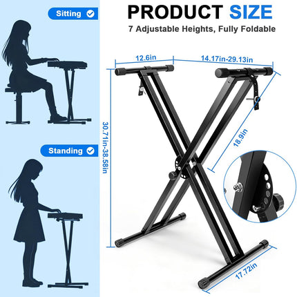 Double-X Keyboard Stand,7 Adjustable Heights Piano Stand with Locking Straps, Heavy Duty Piano Keyboard Stand Fits for 54，61，88 Key Digital Pianos