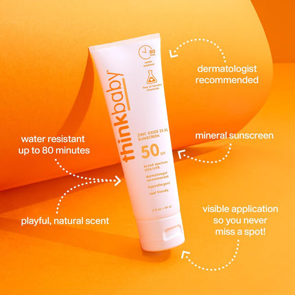 Thinkbaby SPF 50+ Baby Sunscreen, 3 Oz. – Safe, Natural Mineral Sun Cream for Babies - Water Resistant, Broad Spectrum UVA/UVB Sun Protection – Vegan Sunscreen for Kids