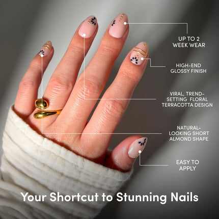 Glamnetic Press On Nails - Myko Muse | Short Oval Fake Nails with Greek-inspired Patterns, Gold Foil & Glossy Finish | Salon Quality Vacation Nails | 15 Sizes - 30 Nail Kit with Glue