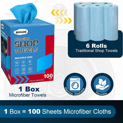 UNIMADE Shop Towels, 100 Sheets Microfiber Cleaning Cloth Commercial Grade Washcloths Lint-Free Bulk Shops Rags for Cars Mechanic Restaurant Garage Housekeeping, 11"x 9", Blue