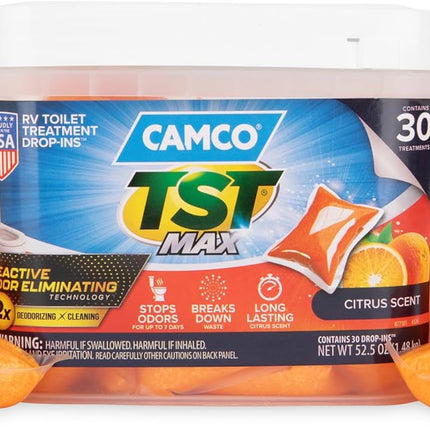 Camco TST MAX RV Toilet Treatment Drop-INs - Control Unwanted Odors & Break Down Waste and Tissue - Safe Septic Tank Treatment - Orange Scent, 30-Pack (41183)