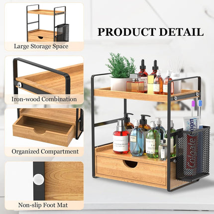 Wood Bathroom Counter Organizer with Drawer & Basket, 2-Tier