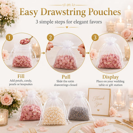 100pcs Organza Bags 5''x7'' - White Mesh Drawstring Gift Bags