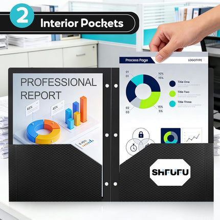 Textured 2 Pocket Folder, (3 Pack, Black) Plastic Folders with Pockets 3 Hole Punched, Fits Letter Size 3-Ring Binder, Heavy Duty Textured Folder for School, Office