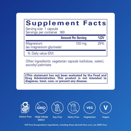Pure Encapsulations Magnesium Glycinate capsules front label with dosage information