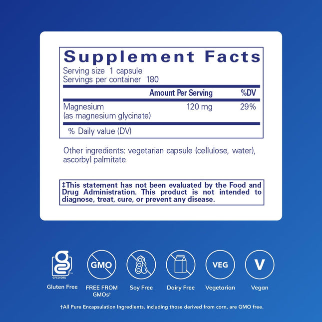 Pure Encapsulations Magnesium Glycinate capsules front label with dosage information