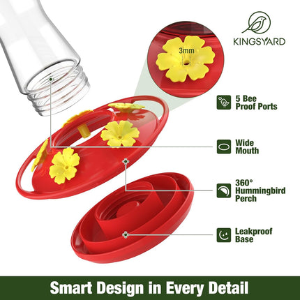 Kingsyard 2-Pack Glass Hummingbird Feeder for Outdoors Hanging, 10 oz Leak-Proof Humming Bird Feeders with Ant Moat & Bee Proof Feeding Ports, Hummingbird Gift for Bird Lovers (Clear)
