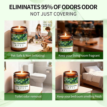 Mint Eucalyptus Odor Eliminating Candles | Eliminates 95% of Pet, Smoke & Bathroom Odors – 7 oz Hand Poured Non-Toxic Soy Candle - Air Freshing Scented Candles - Stress Relief Gifts for Women Men