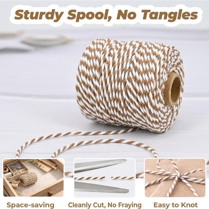 Cotton Twine String,2mm Thick, 164 Feet per Roll, 2 Pack, for Crafts Gift Wrapping Baking Holiday Decor,Tan and White