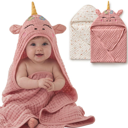 Muslin Baby Hooded Towel 2 Pack, Soft & Absorbent Bath Towel for Infant, Toddler, Unisex, Baby Gift, Newborn Essentials, Bear & Lamb