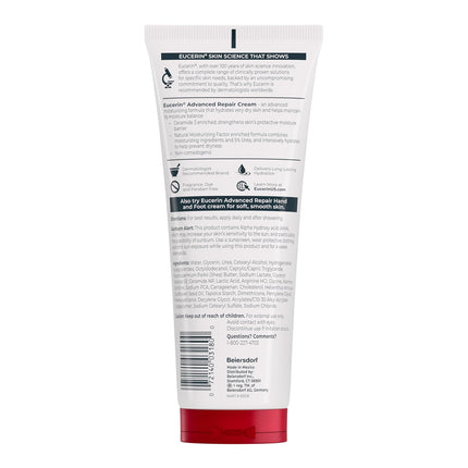Eucerin Advanced Repair Body Cream for Very Dry Skin, Fragrance Free Daily Body Moisturizer, 8 Oz Tube