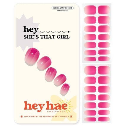 Heyhae Semi Cured Gel Nail Strips | No LED Lamp Needed |Pink, Ombre | Easy Apply & Remove, Salon Quality | Includes 28 Strips, 2 Prep Pads, Nail File & Wooden stick - Hey, She’s that girl