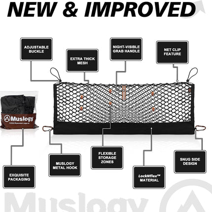 Muslogy Truck Bed Cargo Net Trunk Netting Compatible with 2021-2025 2026 Jeep Grand Cherokee L (3-Row GCL) Accessories, Pickup Cargo Organizer SUV Sedan Storage Net w/Heavy Duty Carabiners