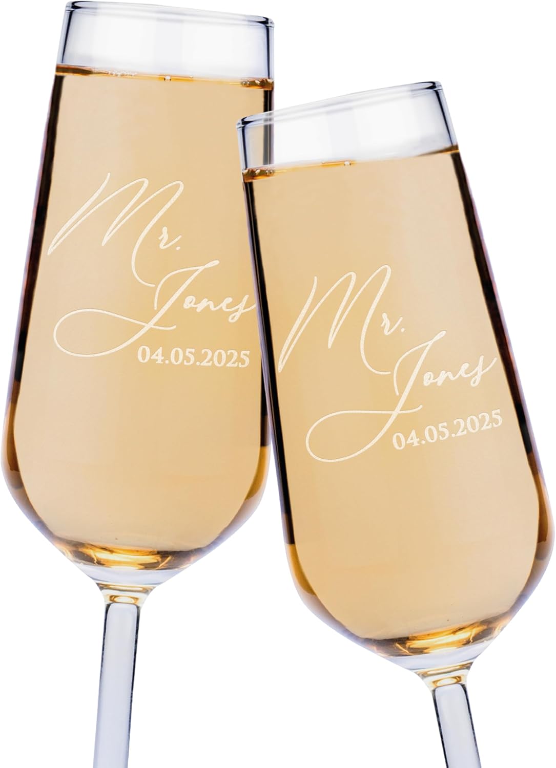 Personalized Wedding Champagne Flutes for Bride and Groom- Set of 2, 7 oz, 2 Designs - Mr and Mrs Champagne Glasses for