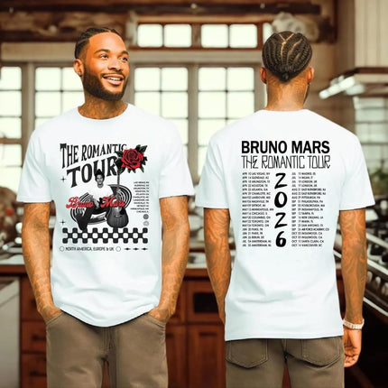 Handmade The Romantic Tour 2026 Front and Back T-Shirt, Bruno Concert Merch, Trendy Concert Memorabilia Best Friend Matching Tee, Concert Lover Gift Multicolor Unisex