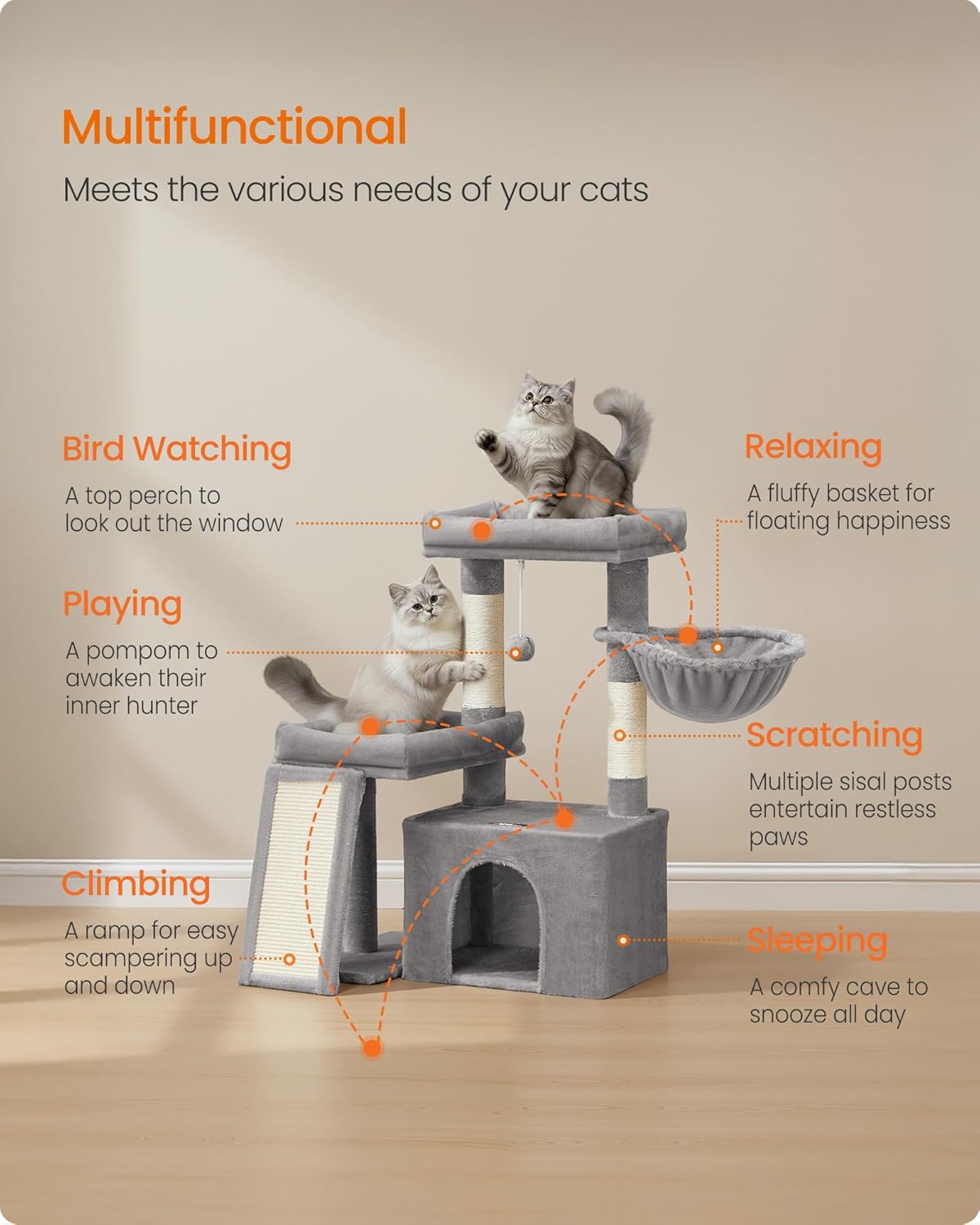Cat Tree, Cat Tower Condo with Scratching Posts and Ramp, 2 Large Perches, Cave, Basket, 33.8 Inches - photo 3