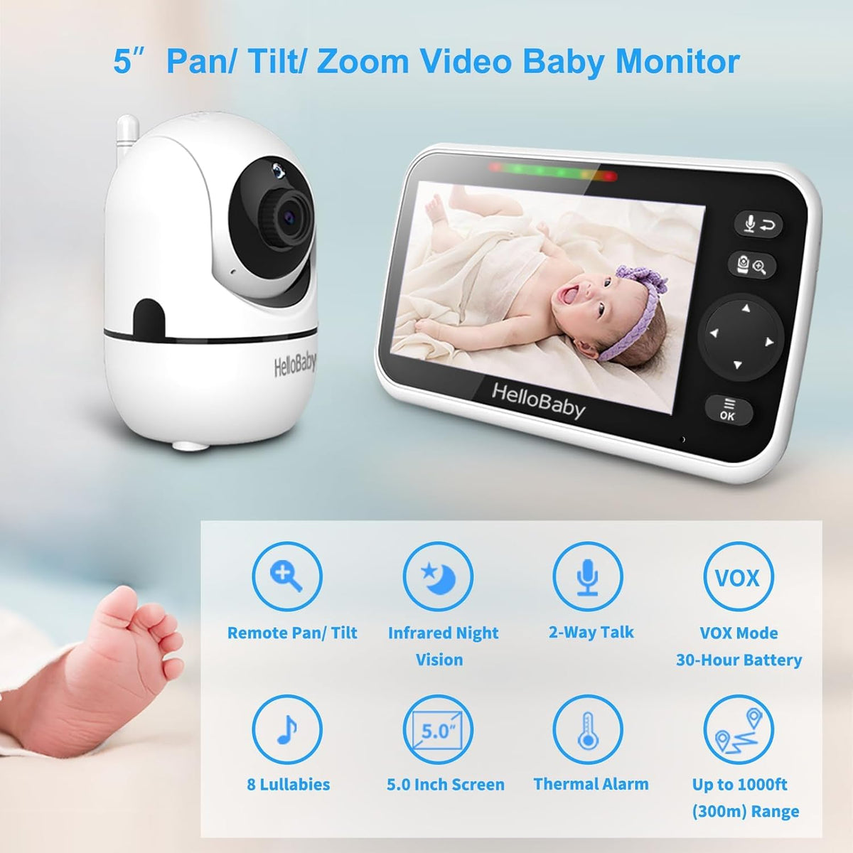 No WiFi 5-Inch Pan-Tilt-Zoom Video Baby Monitor - photo 2