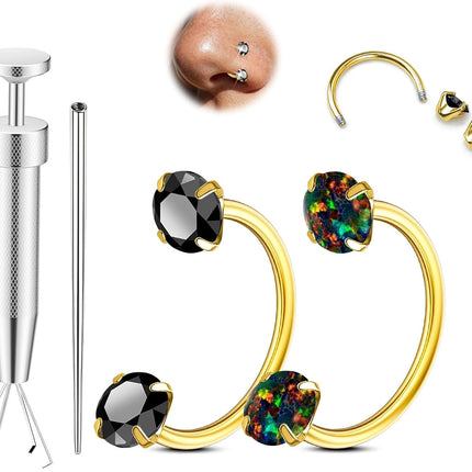 Opal Nose Ring Studs Horseshoe Nose Rings Hoops Stud 316L Stainless Steel Nose Rings Round CZ Square Screw L Shaped Nose Stud Hypoallergenic Nostril Piercing Jewelry for Women Men