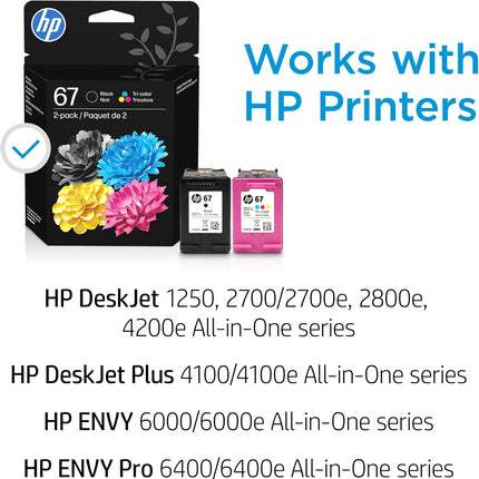 HP 67 Black/Tri-Color Ink Cartridges (2-Pack) | Works with DeskJet 1255, 2700, 4100, Envy 6000, 6400 | Instant Ink Eligible | 3YP29AN | Packaging May Vary