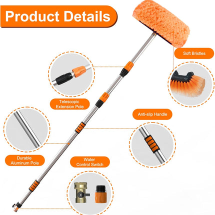 SISUPASSIE Car Wash Brush, 12FT Telescopic Car Wash Brush with Long Handle, 12-Inch Soft Bristle Car Cleaning Brush for Cleaning Car, RV, Truck, Boat, Solar Panels, Orange