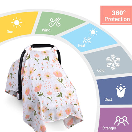 Muslin Car Seat Cover for Babies, Metplus Breathable Infant Carseat Cover Lightweight Baby Carrier Cover for Girls Boys, Fit Spring Summer/Hot Days/Warm Weather, Pink Floral