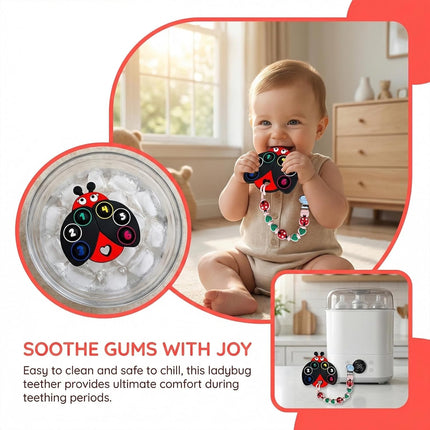 BIGSPINACH Teething Toy & Pacifier Clip Set,Ladybug Pop-It Teether & Pacifier Hold,Multi-Textured Chew Toy with Number Buttons for Early Learning, Baby Teething Relief (Black+Pink)
