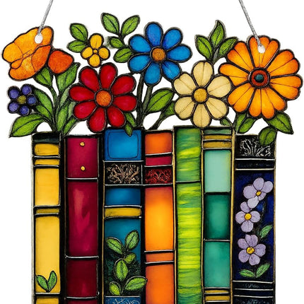 Book Lovers Gifts for Women, Mom, Graduation Day Gifts for Teacher, Librarian, Reader, Bookworm, Book Ornament Faux Stained Glass Window Hanging, Bookish Stocking Stuffer Decor