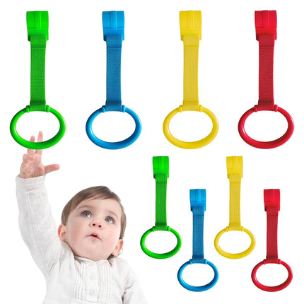 8Pcs Baby Playpen Pull up Rings, Premium Baby Pull up Rings for Play Pen Standing up, Plastic Safety Walking Exercises Assistant Rings for Infants Babies Toddler, 4 Colors.