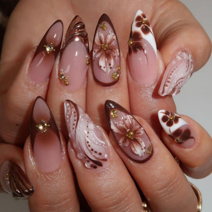 French Tips Press on Nails Medium Almond Nails Press on with 5D Flower Charm Design Glossy Brown Glue on Nails Water Ripple Rhinestones Fake Nail Reusable Fall Winter Nail for Women Manicure 24Pcs